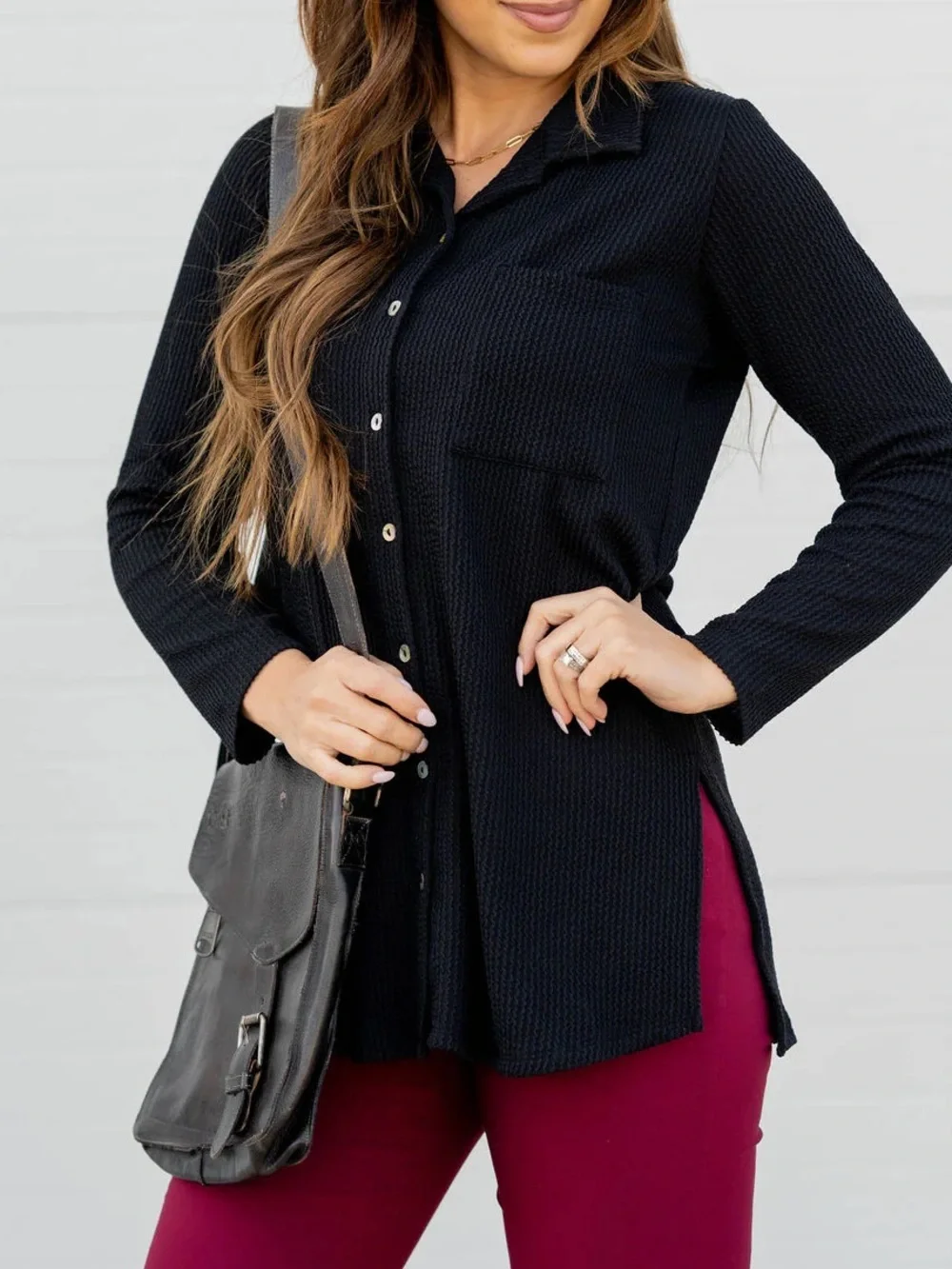 Heavily Ribbed Tunic Shacket - Black - Picture 1 of 9